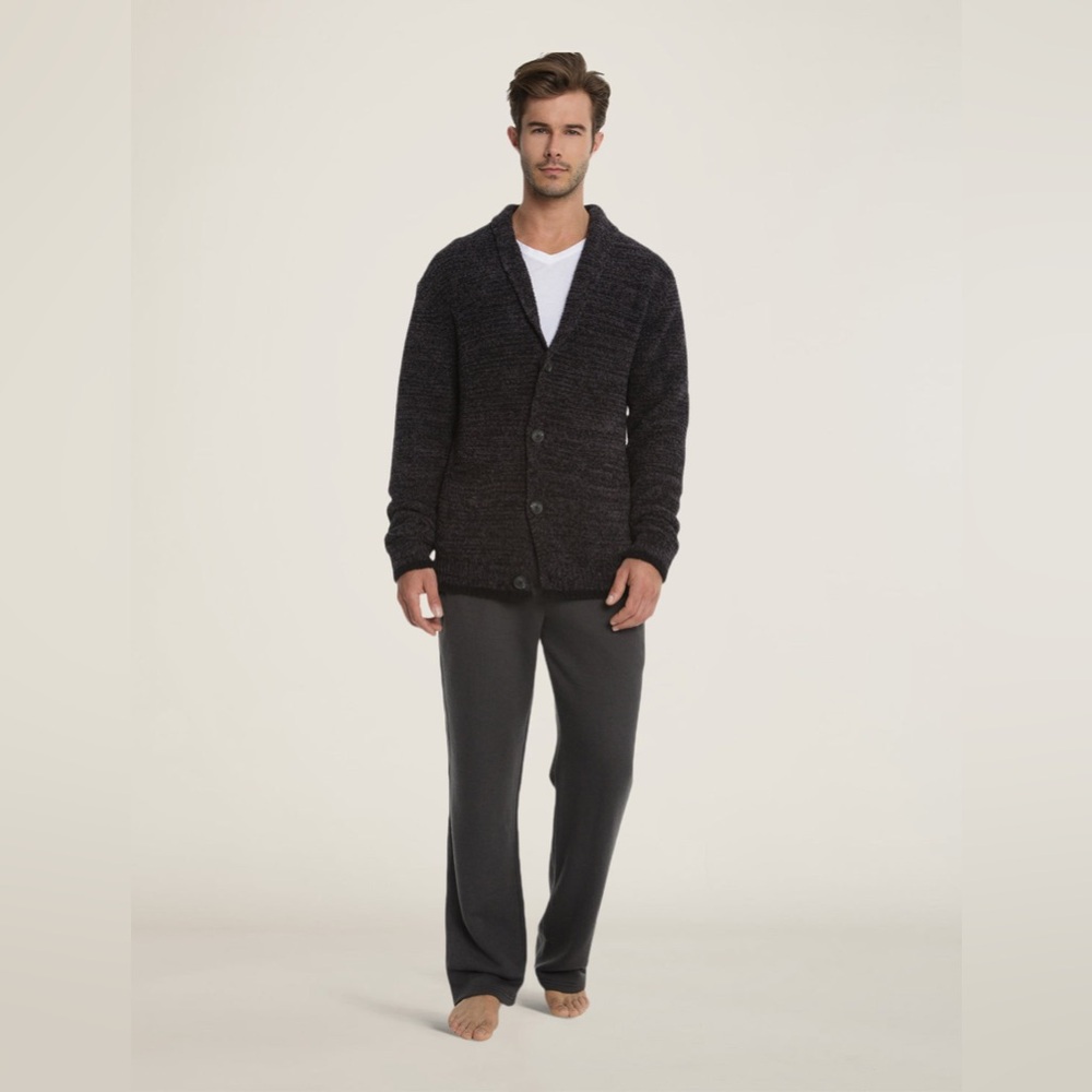 Barefoot Dreams Men's Shawl Collar Cardigan Heathered Carbon and Black Small - Picture 3 of 16